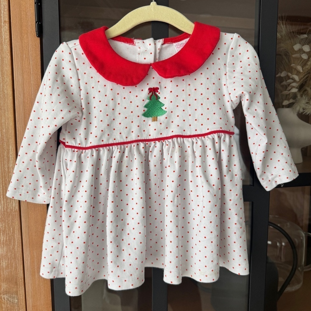 Stitchy fish christmas tree embroidered dress long sleeve peter pan collar dots